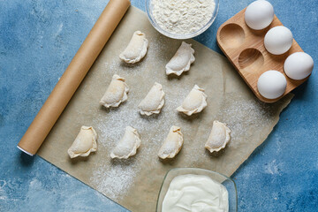 Parchment with raw dumplings and ingredients on color background
