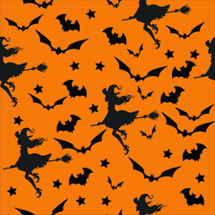 Halloween seamless pattern with Black Witch, Bats and Star in orange background. Vector illustration for fabric and gift wrap paper design.