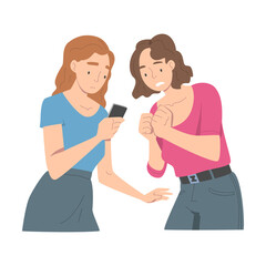 Disappointed with Bad News Woman Character Reading Message on Smartphone Vector Illustration