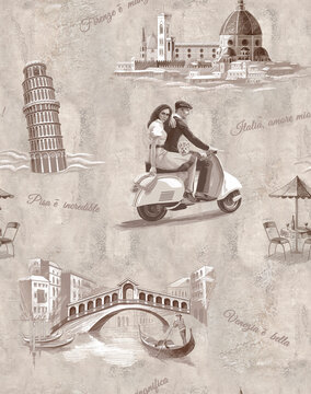 Illustration wiht a man and a woman in love are traveling with a dog on a scooter in Europe. Seamless pattern