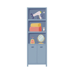 Bathroom Wooden Cabinet with Shelves and Hygienic Accessories Vector Illustration