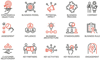 Vector Set of Linear Icons Related to Business Processes, Interaction, Partnership and Management. Mono Line Pictograms and Infographics Design Elements