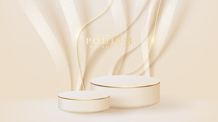 Realistic white display stand with golden curve lines scene, podium showing product for promotion sales and marketing. luxury style background. 3d vector illustration.