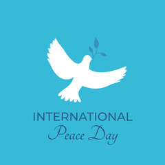 Dove, pigeon with olive branch logo with label international peace day. International Day of Peace, traditionally celebrated annually. Peace in the world concept, nonviolence vector