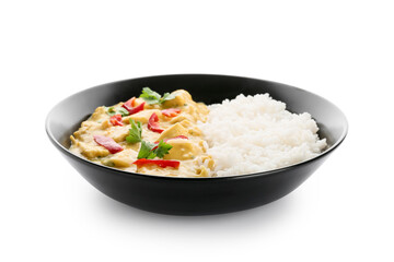 Bowl of tasty chicken curry with rice on white background