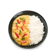 Bowl of tasty chicken curry with rice on white background