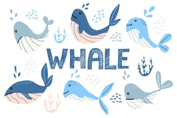 Childrens hand-drawn set of whales. Cute blue whales. Lettering. The set is suitable for postcards, prints, stickers, posters.