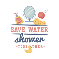 Bathroom Lettering with Shower and Washing Inscription and Sponge Vector Illustration