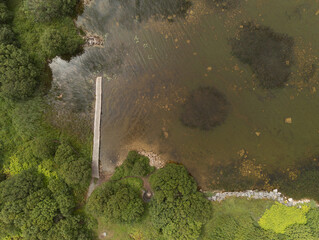 Aerial view on lake Corrib, county Galway, Ireland. Small pier for fishing boats