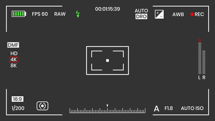 Camera viewfinder video or photo frame recorder flat style design vector illustration. Digital camera viewfinder with exposure settings and focusing grid template.