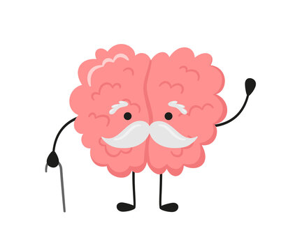A kawaii old brain character with a gray mustache and walking stick. Symbol of alzheimer disease, dementia and other age-related problems. Vector cartoon illustration isolated on white background.