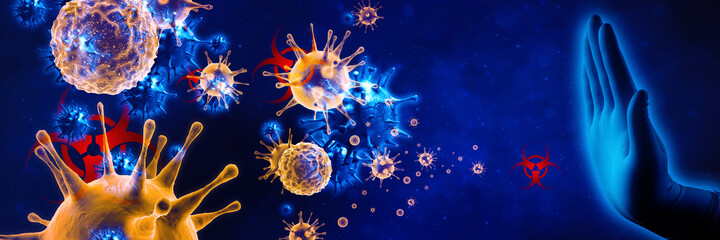 Stop corona virus background, pandemic risk concept. 3D illustration