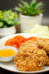 Shrimp Cakes, Fried Shrimps, Thai food, name: Tod Man Goong, concept of deep fried Thai food.