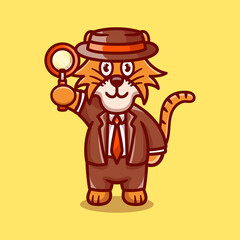 cute tiger detective carrying a magnifying glass