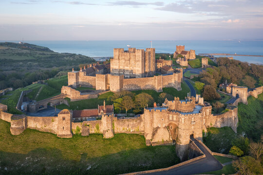 Dover, England, United Kingdom - May 10, 2021: Aerial view to Dover castle at sunset.