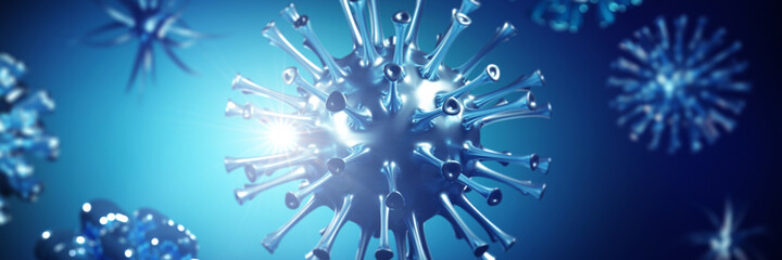 Coronavirus outbreak, microscopic view of influenza virus cells. 3D illustration