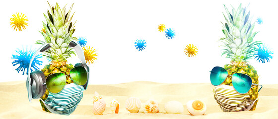 Two pineapples with corona virus mask on vacation