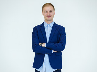 Portrait of Caucasian businessman in casual jacket suit and shirt posing in advertising gesture with friendly and positive isolated on white background
