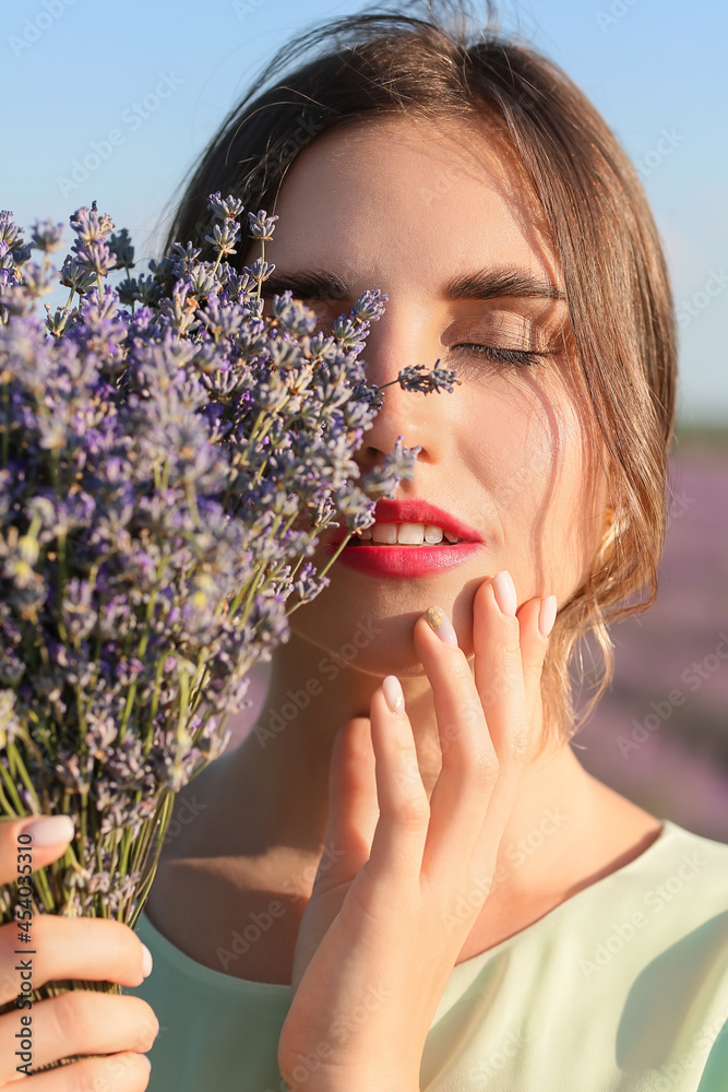 Sticker Beautiful young woman in lavender field