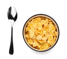 Bowl with tasty cornflakes on white background