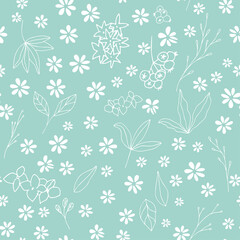 Floral vector seamless pattern with  flowers, leaves and berries. Beautiful hand drawn flowers in  light pastel colors in vintage style.