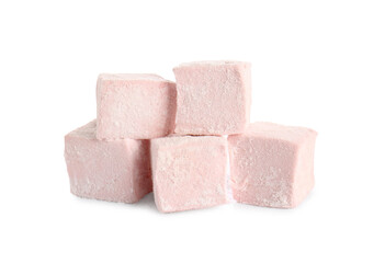 Tasty sweet marshmallows on white background