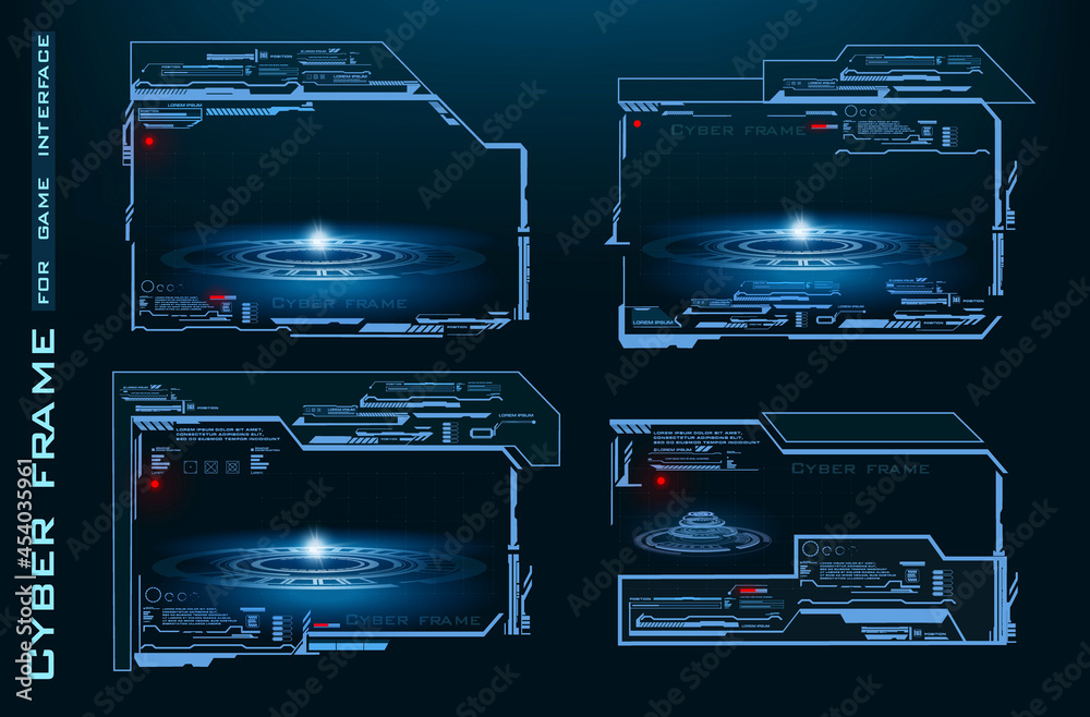 Fototapete Modern futuristic digital frames for games. Set of cyber frames for HUD user interface. Holographic monitors or frames with portals. High technology screens. Set vector frame interfaces
