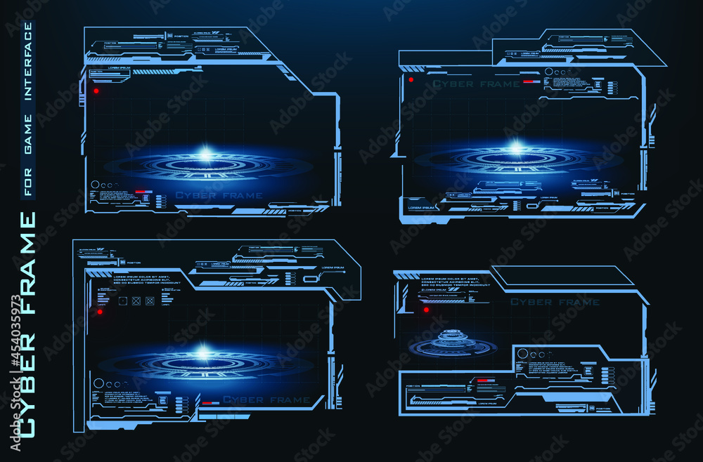 Fototapete Modern futuristic digital frames for games. Set of cyber frames for HUD user interface. Holographic monitors or frames with portals. High technology screens. Set vector frame interfaces