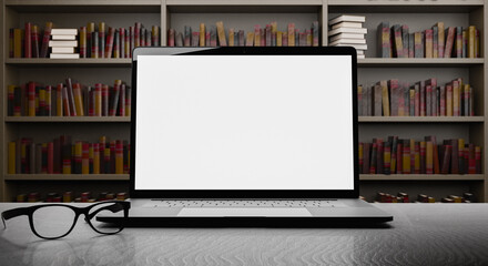 laptop with library in the background