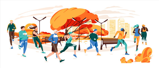 Men and women dressed in sportswear jogging or running through autumn park. Sports competition, outdoor workout or exercise, athletics.Flat cartoon colorful vector illustration