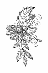 Free hand drawn floral arrangement element in doodle or sketch style. For greeting card, poster, invitation, coloring book page.