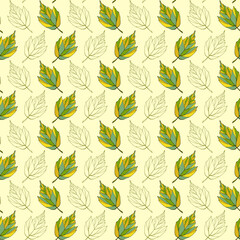 Falling leaves outline seamless pattern. Foliage boundless background. Pastel fall endless texture. Nude green leaves repeating surface design. Web page background.