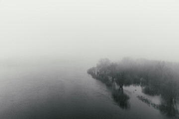 The river is in a fog.Spring flood.