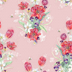 Seamless pattern with watercolor precious bouquet of spring flowers. Red tulips, white daffodils and violet pansies on a polka-dot background	
