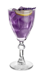 Glass of fresh cocktail with lavender on white background