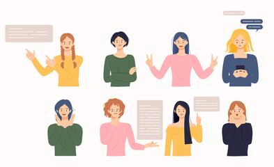 Women are giving explanations in various poses or sending positive signals. flat design style vector illustration.