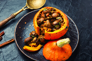 Pumpkin stuffed with mushrooms