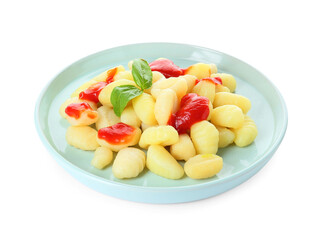 Delicious gnocchi with tomato sauce in plate on white background