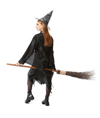 Beautiful woman dressed as witch for Halloween on white background