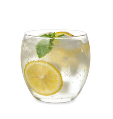 Glass of cold gin and tonic on white background
