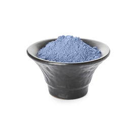 Bowl of powdered blue matcha tea on white background