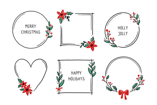 Chrirtmas floral frame with circle, round, rectangle shape. Doodle hand drawn style wreath frame. Vector illustration for christmas, wedding decoration.
