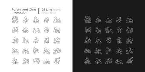 Parent and child interaction linear icons set for dark and light mode. Building emotional closeness. Customizable thin line symbols. Isolated vector outline illustrations. Editable stroke