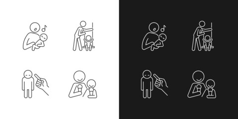Child care linear icons set for dark and light mode. Singing to baby. Playing on swings. Punishment gesture. Customizable thin line symbols. Isolated vector outline illustrations. Editable stroke