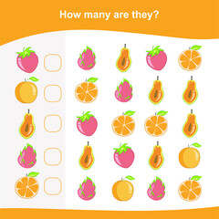 How many are they game. Counting fruit for preschool. Cute math worksheet. Educational printable math worksheet. Count the fruits in the picture and write the result.
