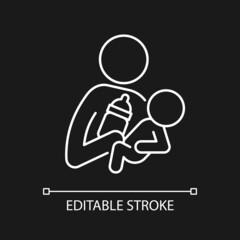 Bottle feeding white linear icon for dark theme. Skin-to-skin contact. Create emotional closeness. Thin line customizable illustration. Isolated vector contour symbol for night mode. Editable stroke