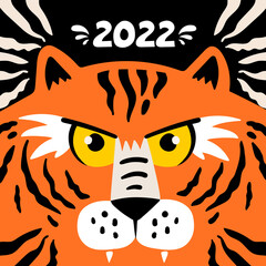 Vector colorful background with illustration of cartoon tiger. Symbol of Happy New Year 2022. Cover for use in design