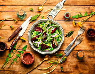 Spring greens and beetroot salad,mixed herbs