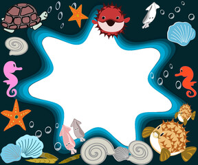 Frames, vector images of sea, ocean, underwater ,cartoon, sea, octopus, starfish, and other sea creatures.