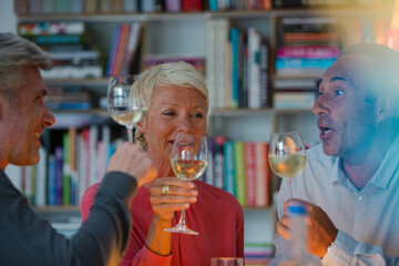 Older friends toasting each other with white wine